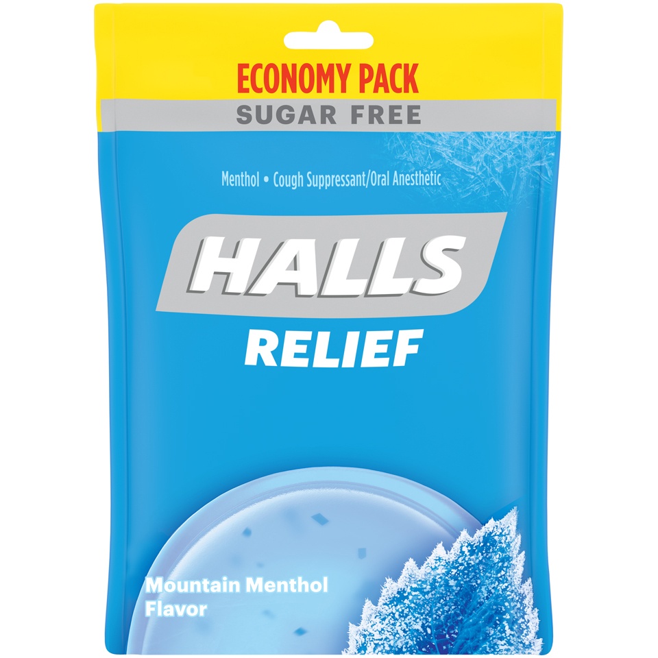slide 2 of 8, Halls Sugar Free Triple Soothing Action Mountain Menthol Cough Suppressant, 70 ct