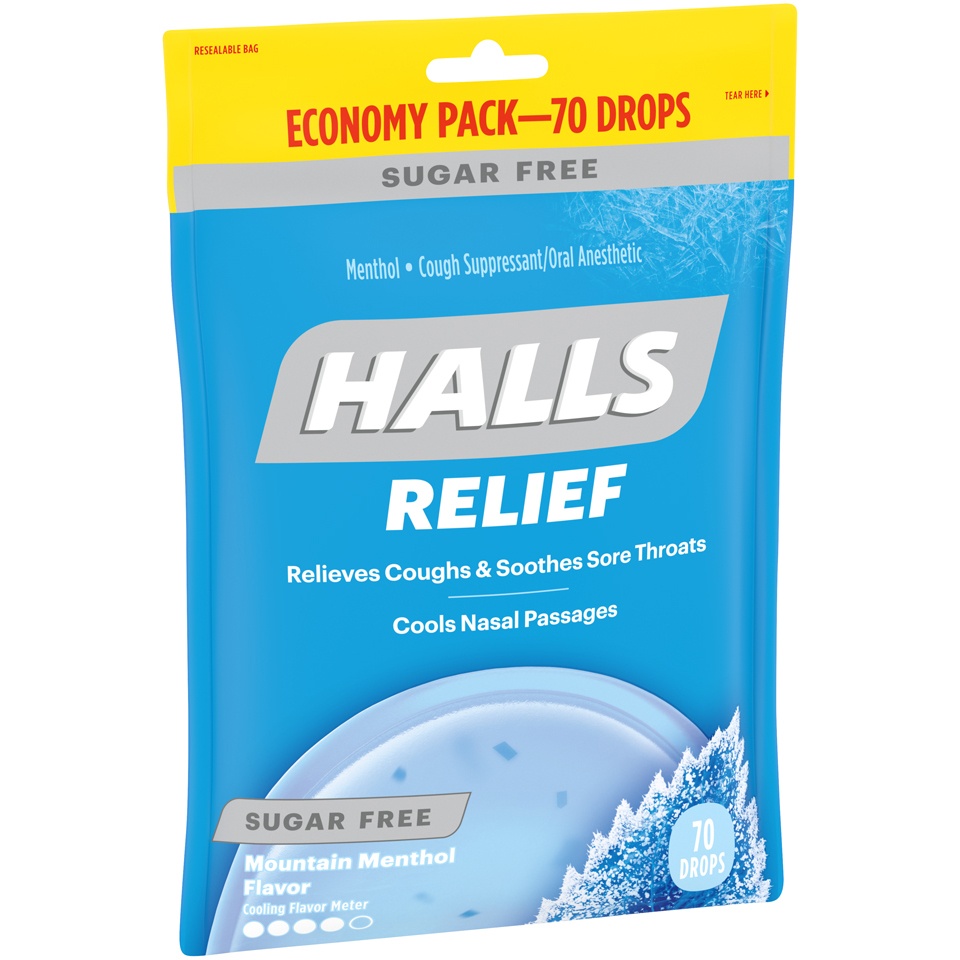 slide 3 of 8, Halls Sugar Free Triple Soothing Action Mountain Menthol Cough Suppressant, 70 ct