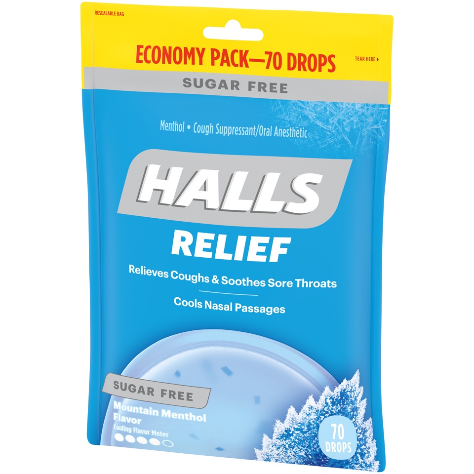 slide 4 of 8, Halls Sugar Free Triple Soothing Action Mountain Menthol Cough Suppressant, 70 ct