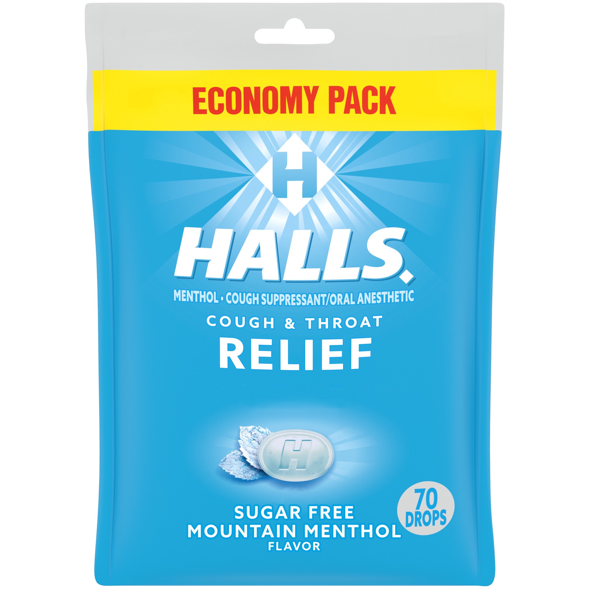 slide 1 of 9, HALLS Relief Mountain Menthol Sugar Free Cough Drops, Economy Pack, 70 Drops, 7.66 oz