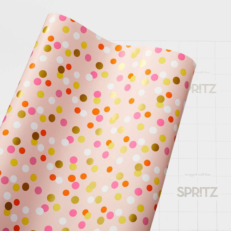 slide 3 of 3, Foil Dot Wrapping Paper Pink - Spritz™: Multicolor Polka Dots, Classic Patterns, 94.5" x 30" Gift Wrap, 1 ct