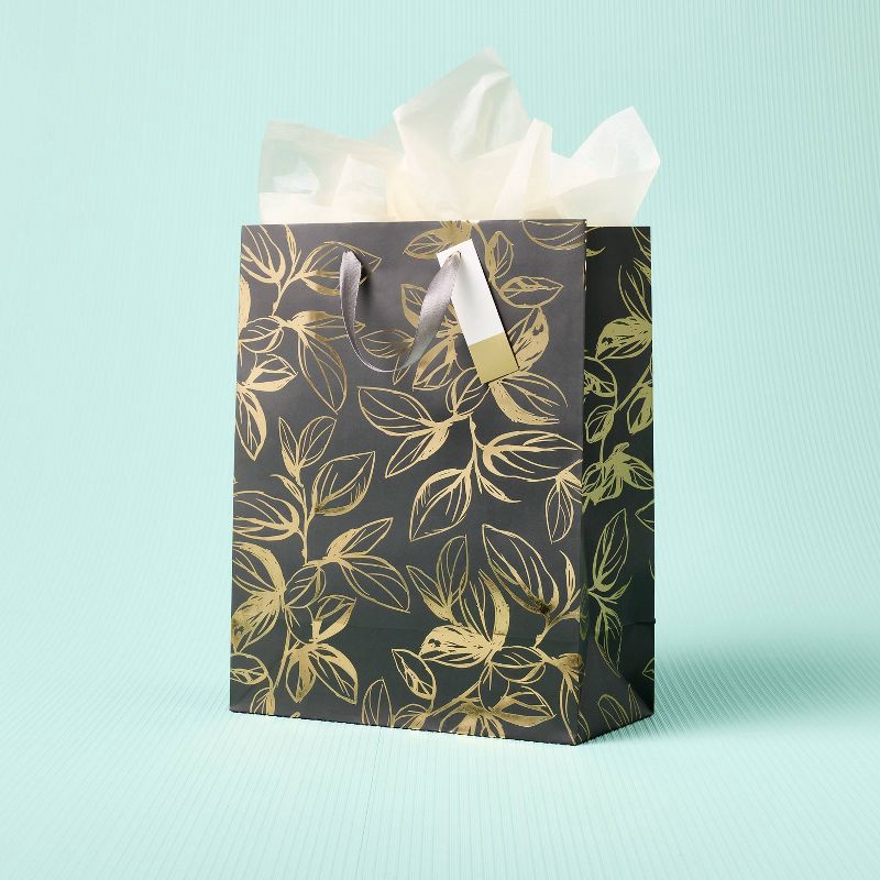 slide 2 of 3, "Happily Ever After" Medium Bag Black/Gold - Spritz™: Wedding Gift Bag, Floral Pattern, 12.75" Height, 1 ct