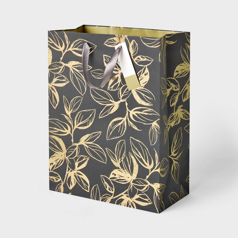 slide 1 of 3, "Happily Ever After" Medium Bag Black/Gold - Spritz™: Wedding Gift Bag, Floral Pattern, 12.75" Height, 1 ct