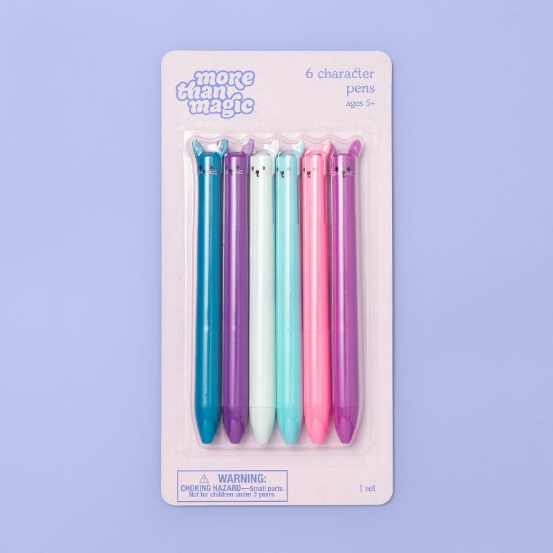 slide 3 of 3, 6ct Character Cat Pen Set - More Than Magic™: Cute & Fun Kids Ballpoint Pens, 1.0mm, Pink, Blue, Purple Ink, 6 ct