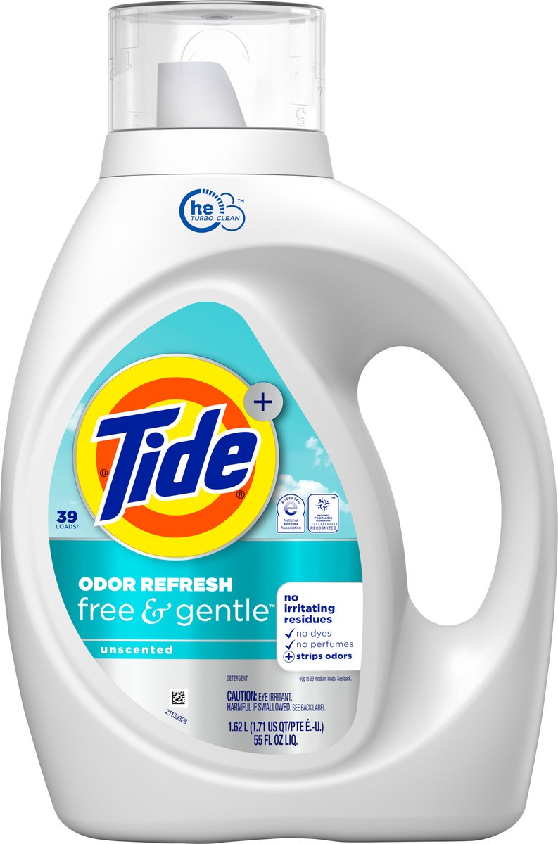slide 7 of 7, Tide Free and Gentle Odor Refresh Laundry Detergent Liquid, 39 Count, 55 fl oz, Hypoallergenic Laundry Detergent, 1.71 qt