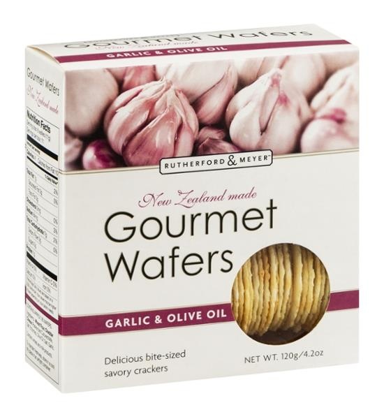 slide 1 of 1, Rutherford & Meyer Gourmet Wafers Garlic Olive Oil, 4.2 oz