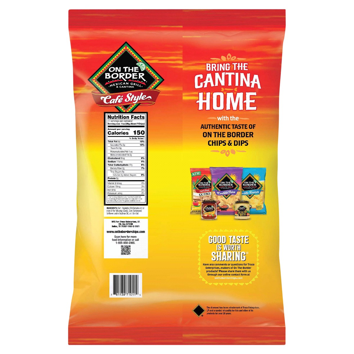 slide 2 of 2, On The Border Café Style Tortilla Chips 11 oz, 11 oz