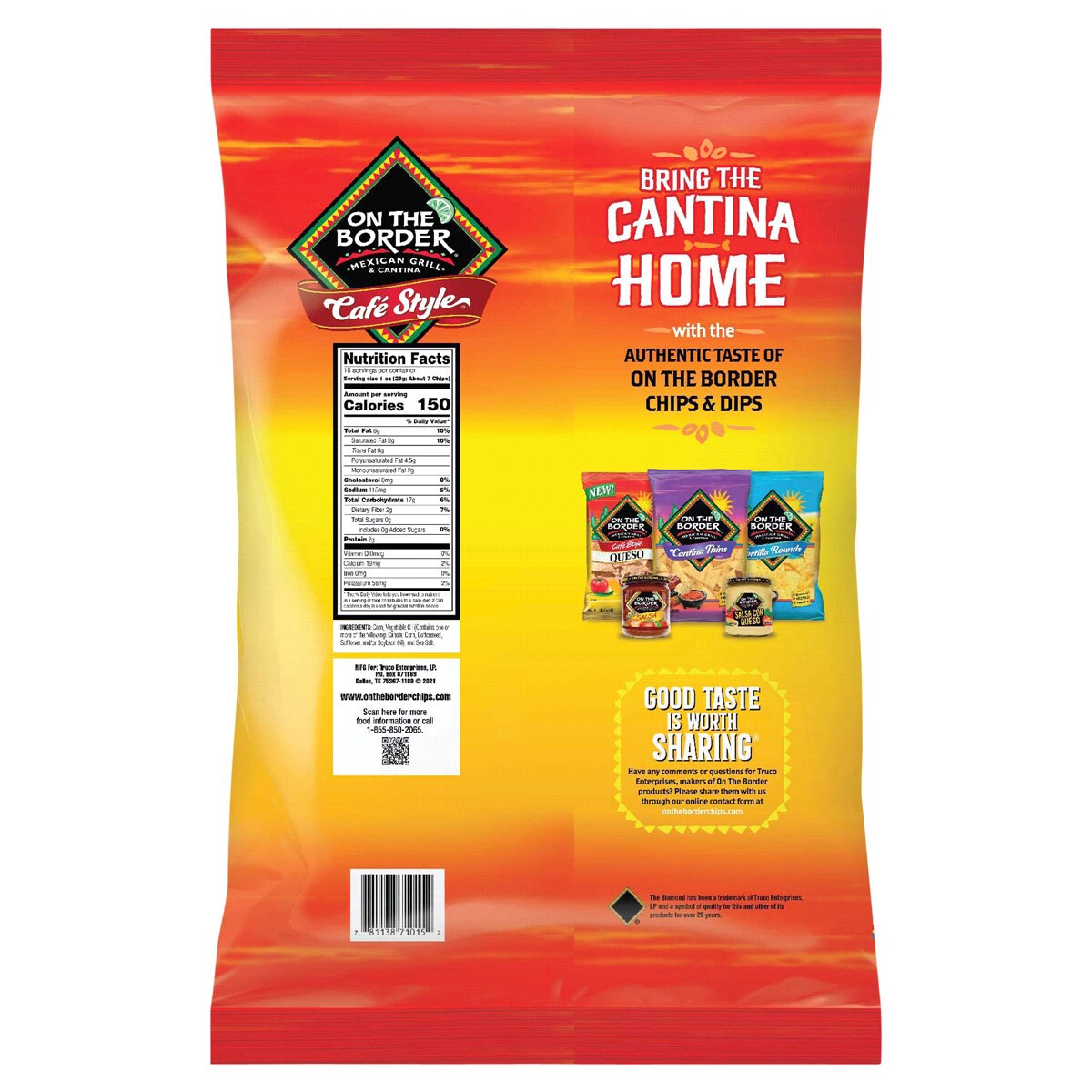 slide 2 of 2, On The Border Cafe Style Tortilla Chips Fiesta Size, 15 oz