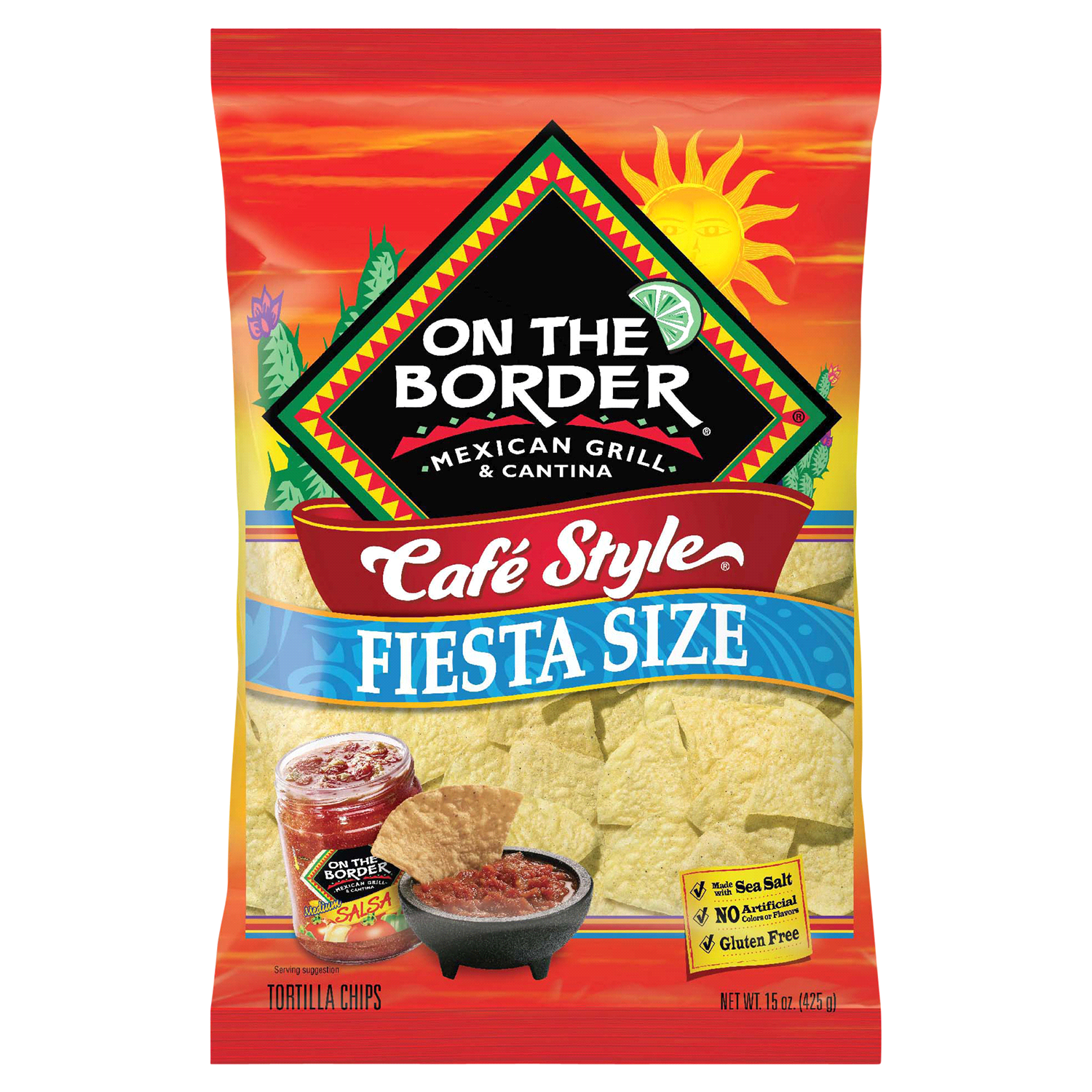 slide 1 of 2, On The Border Cafe Style Tortilla Chips Fiesta Size, 15 oz