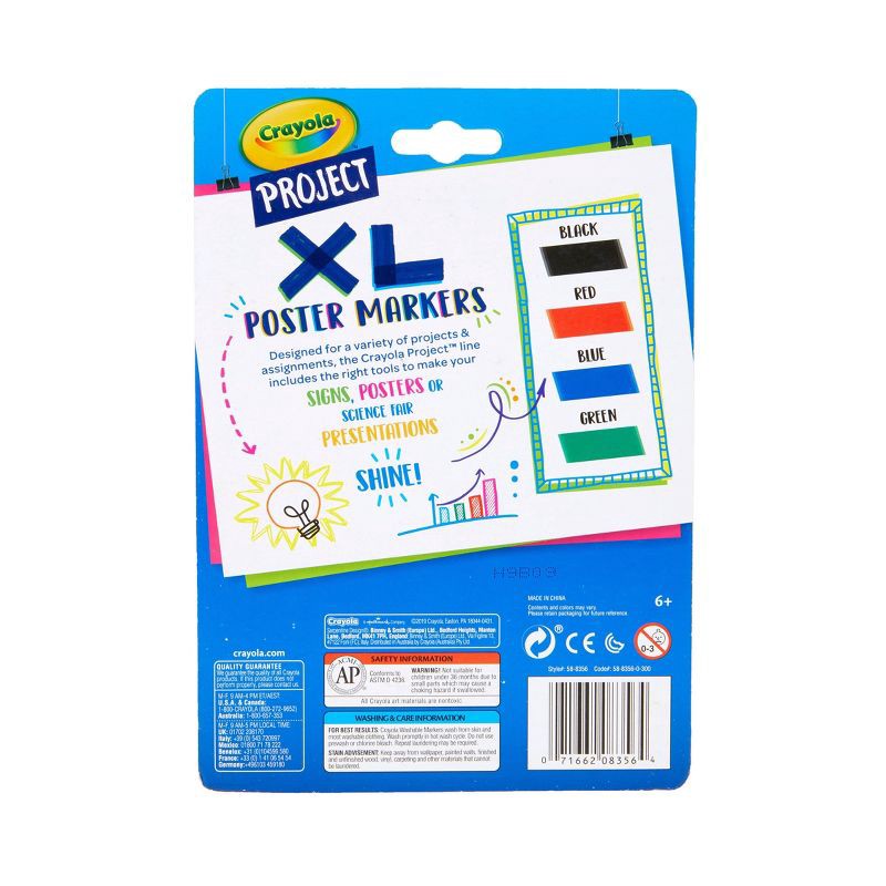 slide 6 of 6, 4ct Crayola Project XL Poster Markers - Classic Colors: Bold Jumbo School Supplies for Kids, Thick Permanent Markers, 4 ct