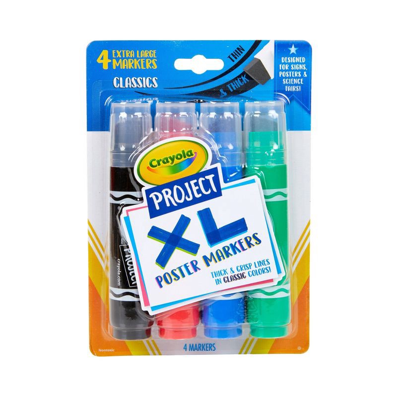 slide 1 of 6, 4ct Crayola Project XL Poster Markers - Classic Colors: Bold Jumbo School Supplies for Kids, Thick Permanent Markers, 4 ct