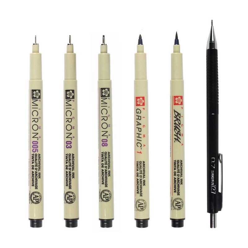 slide 2 of 4, 6pc Manga Comic Pro Drawing Set - Black Pigma Micron: Fine Point 0.5mm Porous Pens, Black Ink, 6 Pack, 6 ct