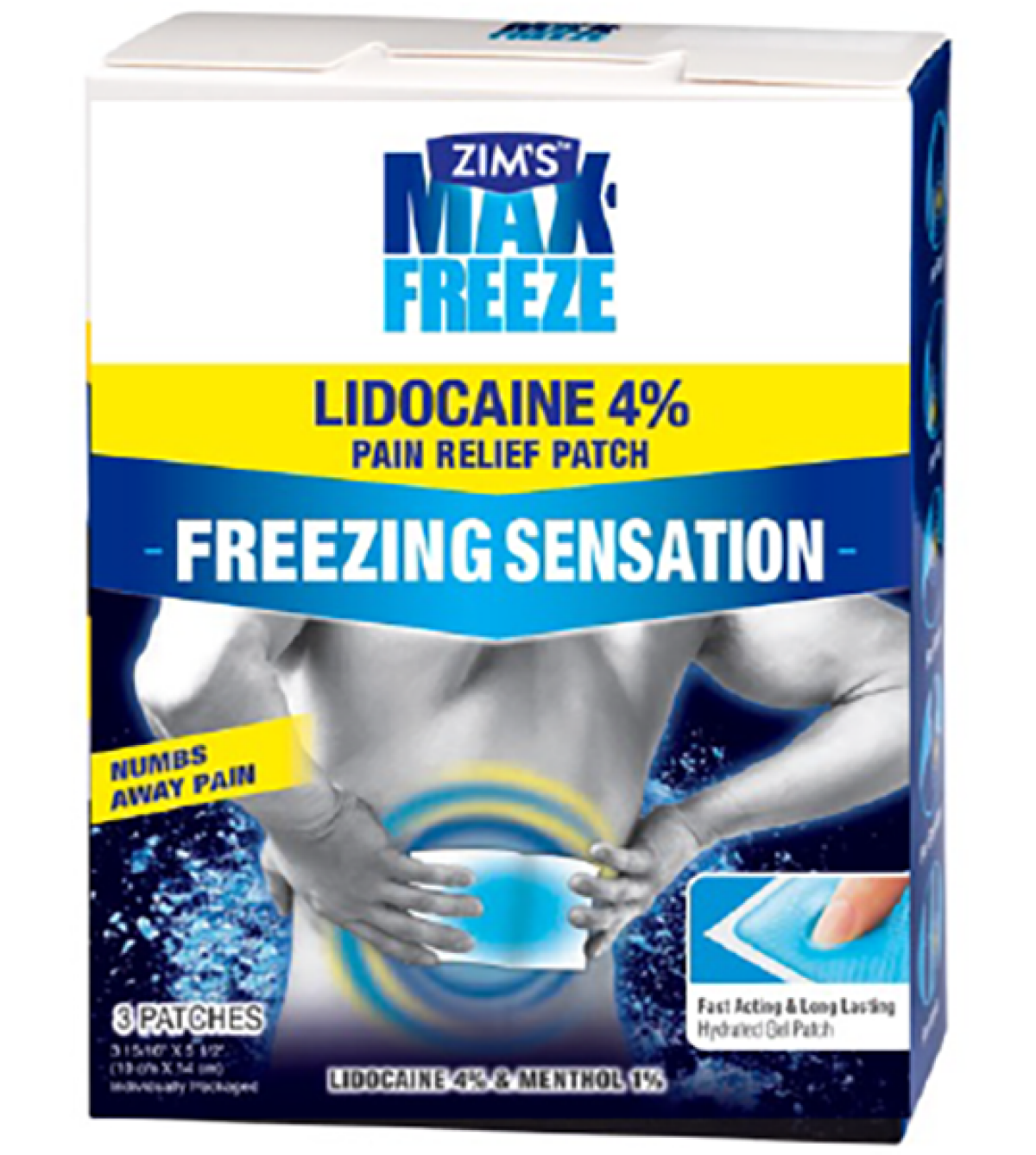 slide 1 of 1, Zim's Max Freeze Lidocaine 4% Pain Relief Patch, 3 Patches, 3 ct