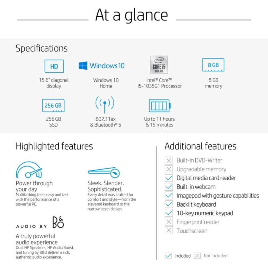 slide 3 of 10, HP Pavilion 15-Cs3025Od Laptop, 15.6'' Screen, Intel Core I5, 8Gb Memory, 256Gb Solid State Drive, Windows 10, 9Zg21Ua#Aba, 1 ct