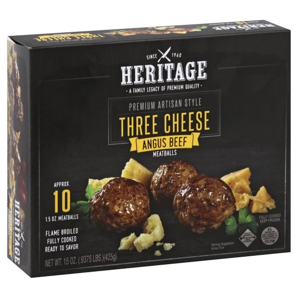 slide 1 of 1, Heritage Store Three Cheese Angus Beef Meatballs, 15 oz
