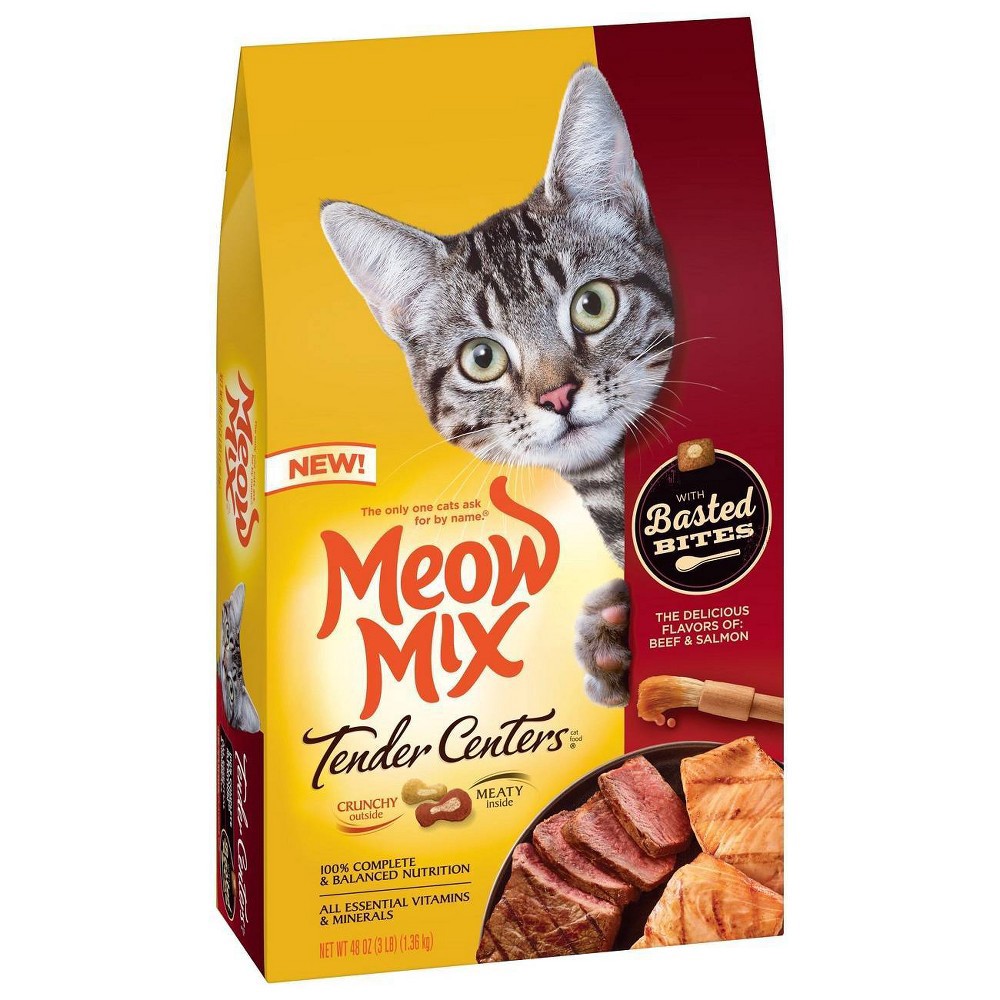 slide 2 of 4, Meow Mix Tender Centers with Basted Bites with Flavors of Beef & Salmon Adult Complete & Balanced Dry Cat Food - 3lbs, 3 lb
