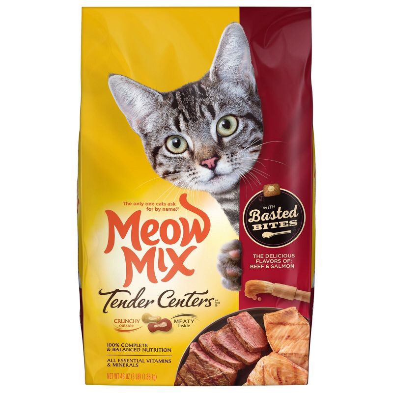 slide 1 of 7, Meow Mix Tender Centers with Basted Bites with Flavors of Beef & Salmon Adult Complete & Balanced Dry Cat Food - 3lbs, 3 lb