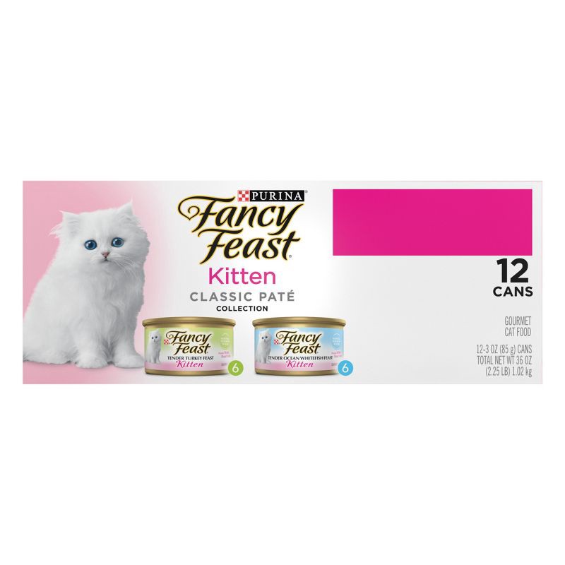 slide 2 of 12, Purina Fancy Feast Kitten Classic Paté Variety Pack Turkey & Fish Flavor Wet Cat Food Cans for Kittens - 3oz/12ct, 12 ct; 3 oz