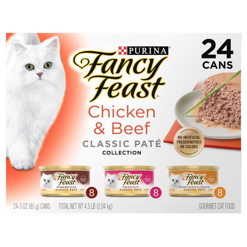 slide 2 of 10, Purina Fancy Feast Classic Paté Variety Pack Chicken & Beef Flavor Wet Cat Food Cans - 3oz/24ct, 24 ct; 3 oz
