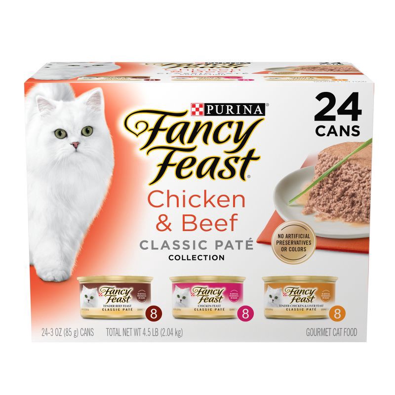 slide 1 of 8, Purina Fancy Feast Classic Paté Gourmet Wet Cat Food Chicken & Beef - 3oz/24ct Variety Pack, 24 ct; 3 oz