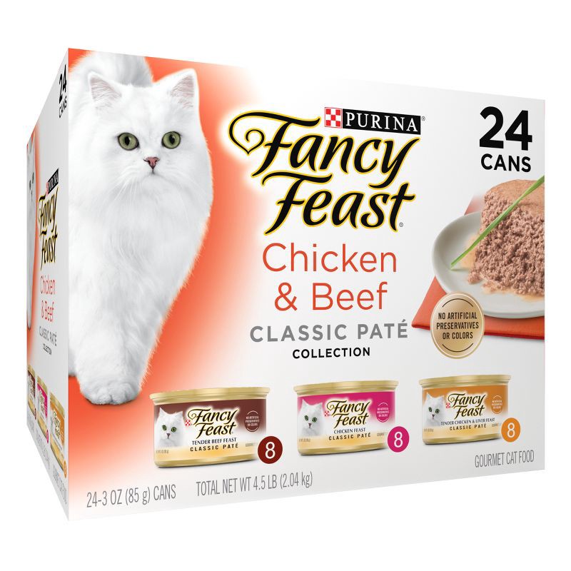 slide 4 of 8, Purina Fancy Feast Classic Paté Gourmet Wet Cat Food Chicken & Beef - 3oz/24ct Variety Pack, 24 ct; 3 oz