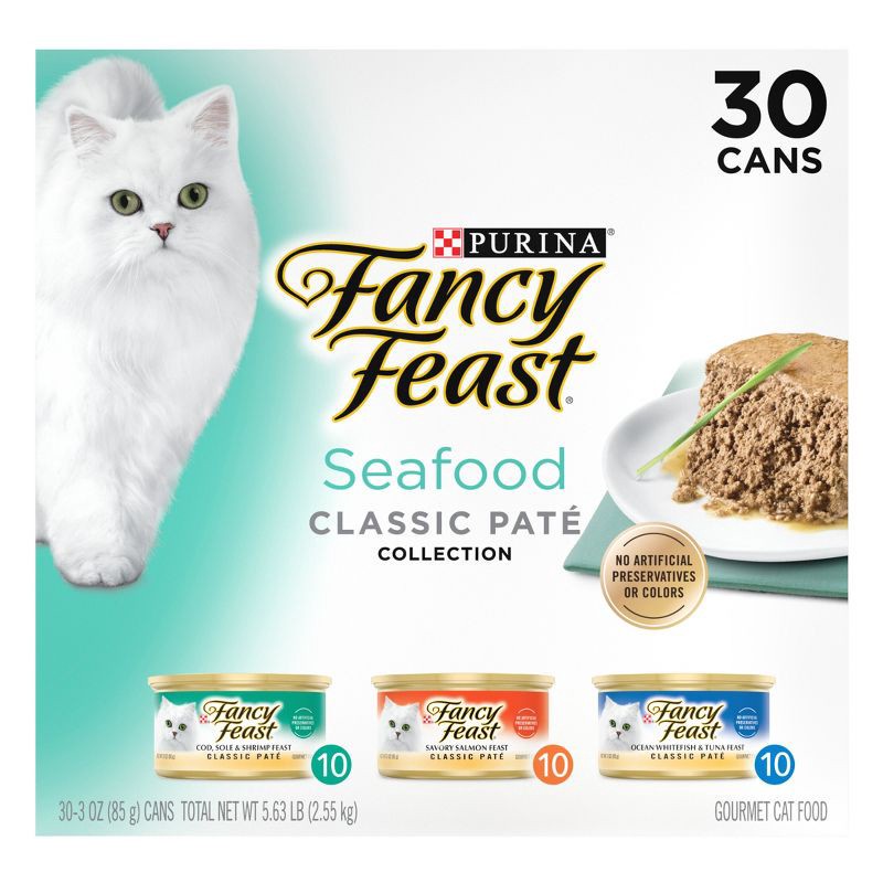 slide 2 of 10, Purina Fancy Feast Seafood Classic Paté Variety Pack Tuna, Salmon, Fish & Shrimp Flavor Wet Cat Food Cans - 3oz/30ct, 3 oz, 30 ct