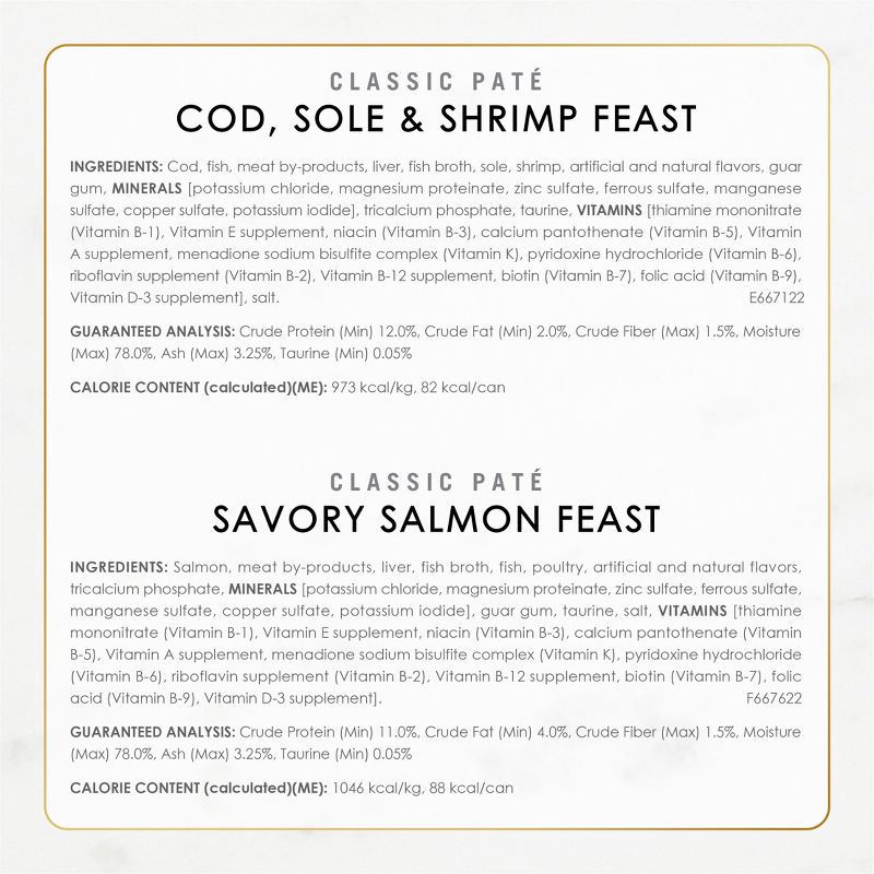 slide 7 of 10, Purina Fancy Feast Seafood Classic Paté Variety Pack Tuna, Salmon, Fish & Shrimp Flavor Wet Cat Food Cans - 3oz/30ct, 3 oz, 30 ct