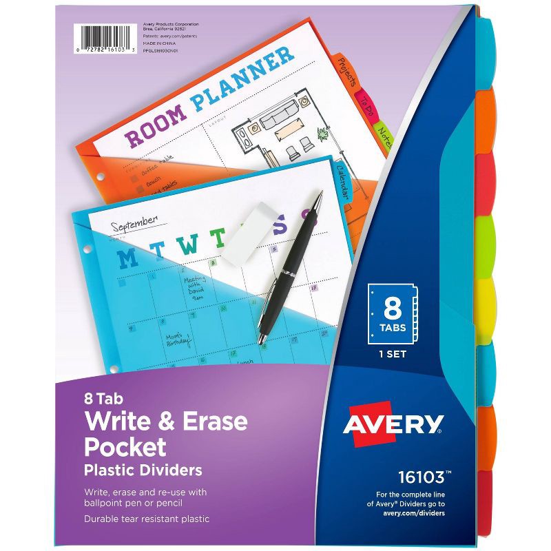 slide 1 of 3, Avery 8ct Write & Erase Pocket Tab Plastic Divider Set, 8 ct