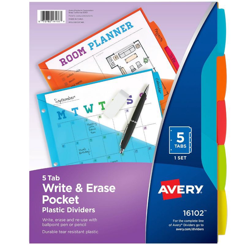 slide 1 of 3, Avery 5ct Write & Erase Pocket Tab Plastic Divider Set, 5 ct