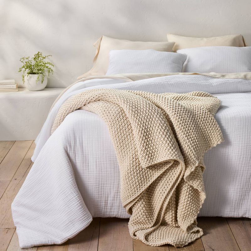 slide 4 of 6, Full/Queen Chunky Knit Bed Blanket Natural - Casaluna™: Acrylic Sweater Knit, Year Round Comfort, Machine Washable, 1 ct