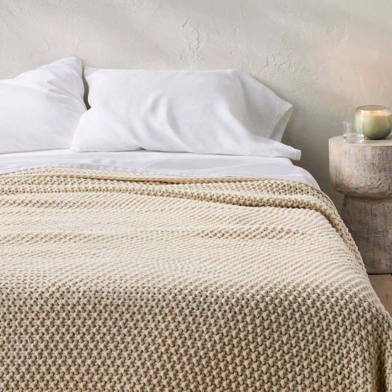slide 1 of 6, Full/Queen Chunky Knit Bed Blanket Natural - Casaluna™: Acrylic Sweater Knit, Year Round Comfort, Machine Washable, 1 ct