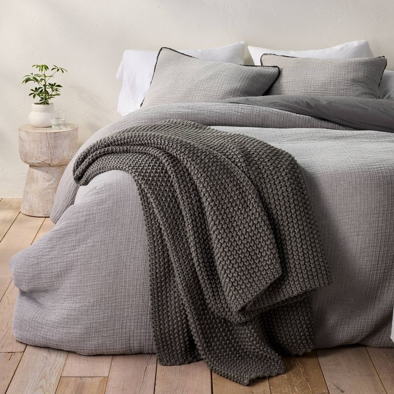 slide 4 of 6, Full/Queen Chunky Knit Bed Blanket Dark Gray - Casaluna™: Acrylic, Sweater Knit, Machine Washable, 1 ct