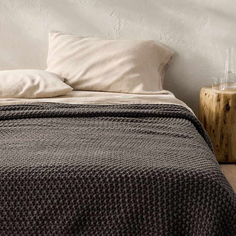 slide 1 of 6, Full/Queen Chunky Knit Bed Blanket Dark Gray - Casaluna™: Acrylic, Sweater Knit, Machine Washable, 1 ct
