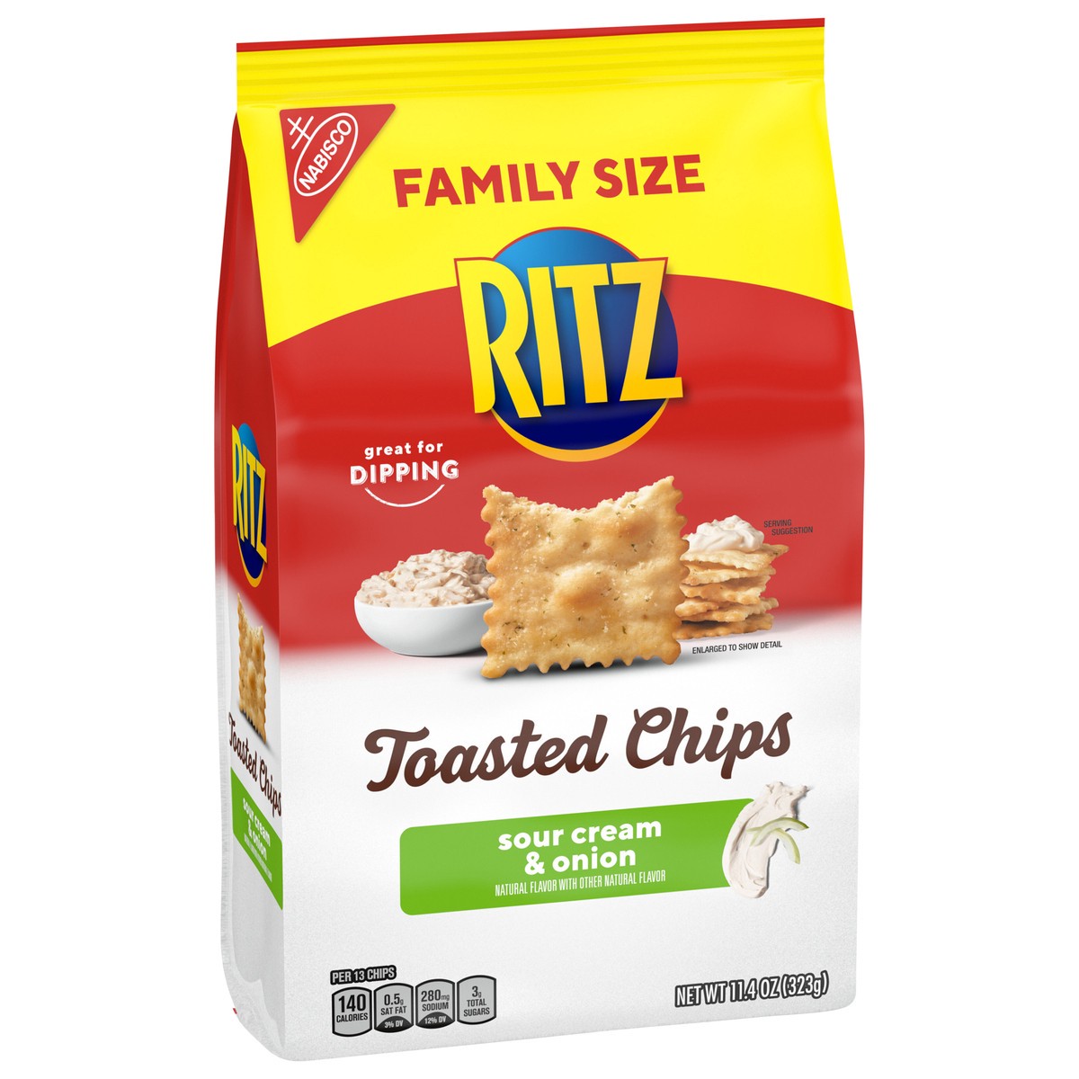 slide 2 of 9, RITZ Toasted Chips Sour Cream and Onion Crackers, Family Size, 11.4 oz, 11.41 oz