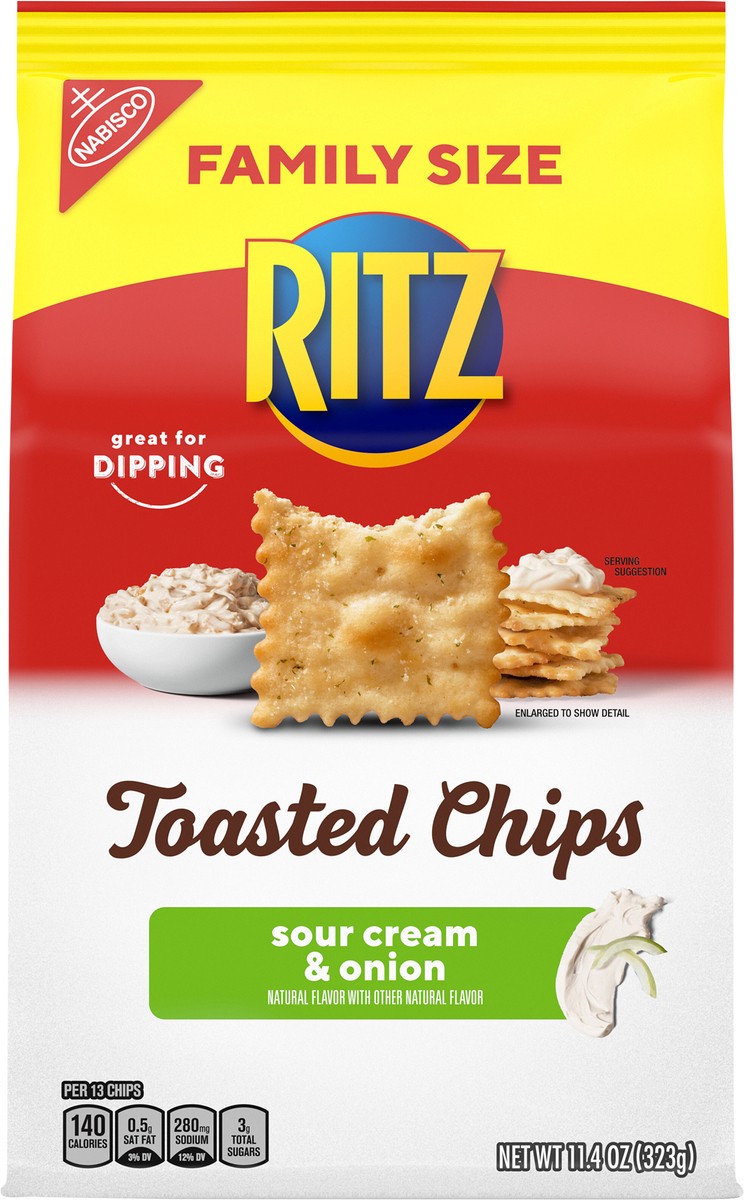 slide 6 of 9, RITZ Toasted Chips Sour Cream and Onion Crackers, Family Size, 11.4 oz, 11.41 oz