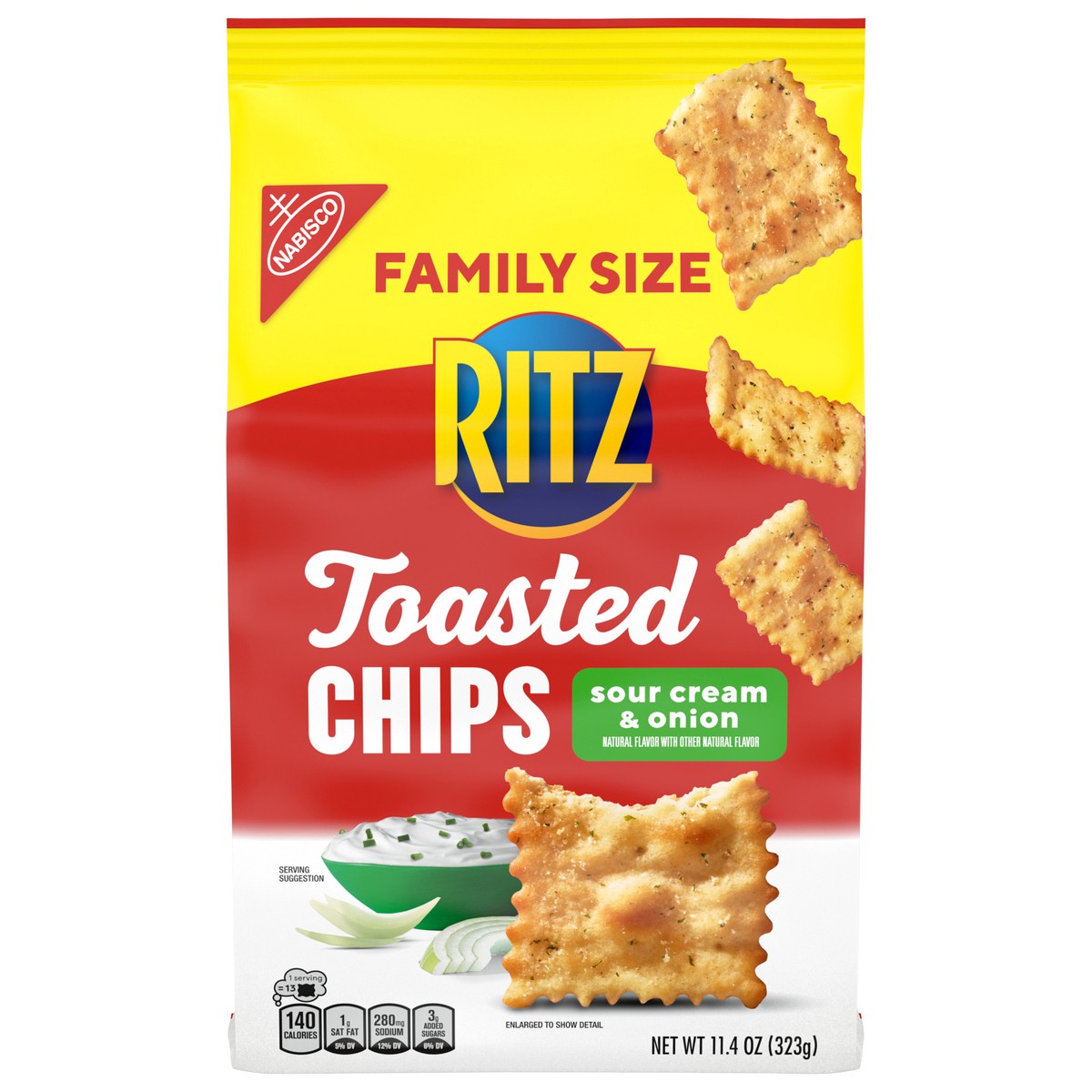 slide 1 of 9, RITZ Toasted Chips Sour Cream and Onion Crackers, Party Snacks, Family Size, 11.4 oz, 11.4 oz