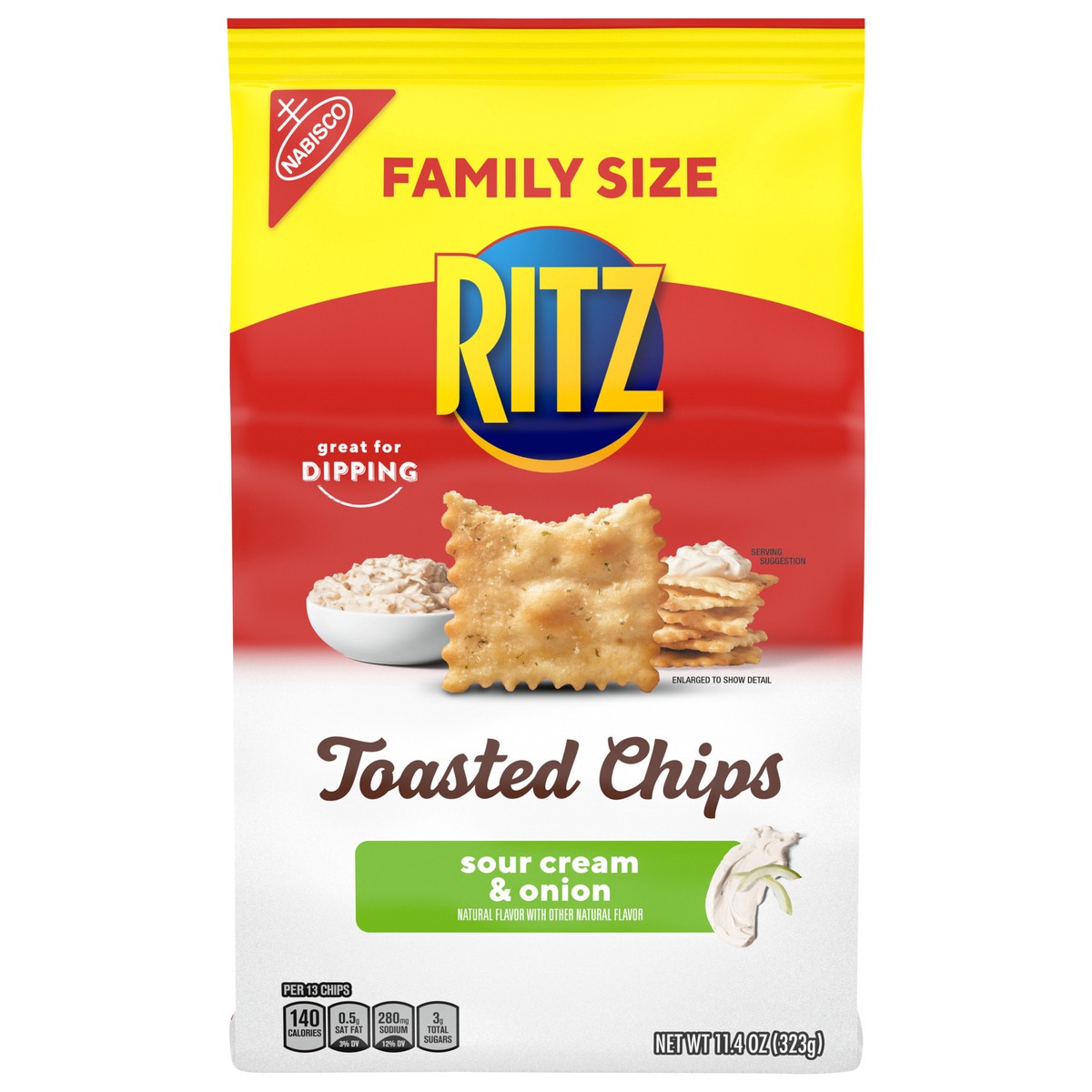 slide 1 of 9, RITZ Toasted Chips Sour Cream and Onion Crackers, Family Size, 11.4 oz, 11.4 oz