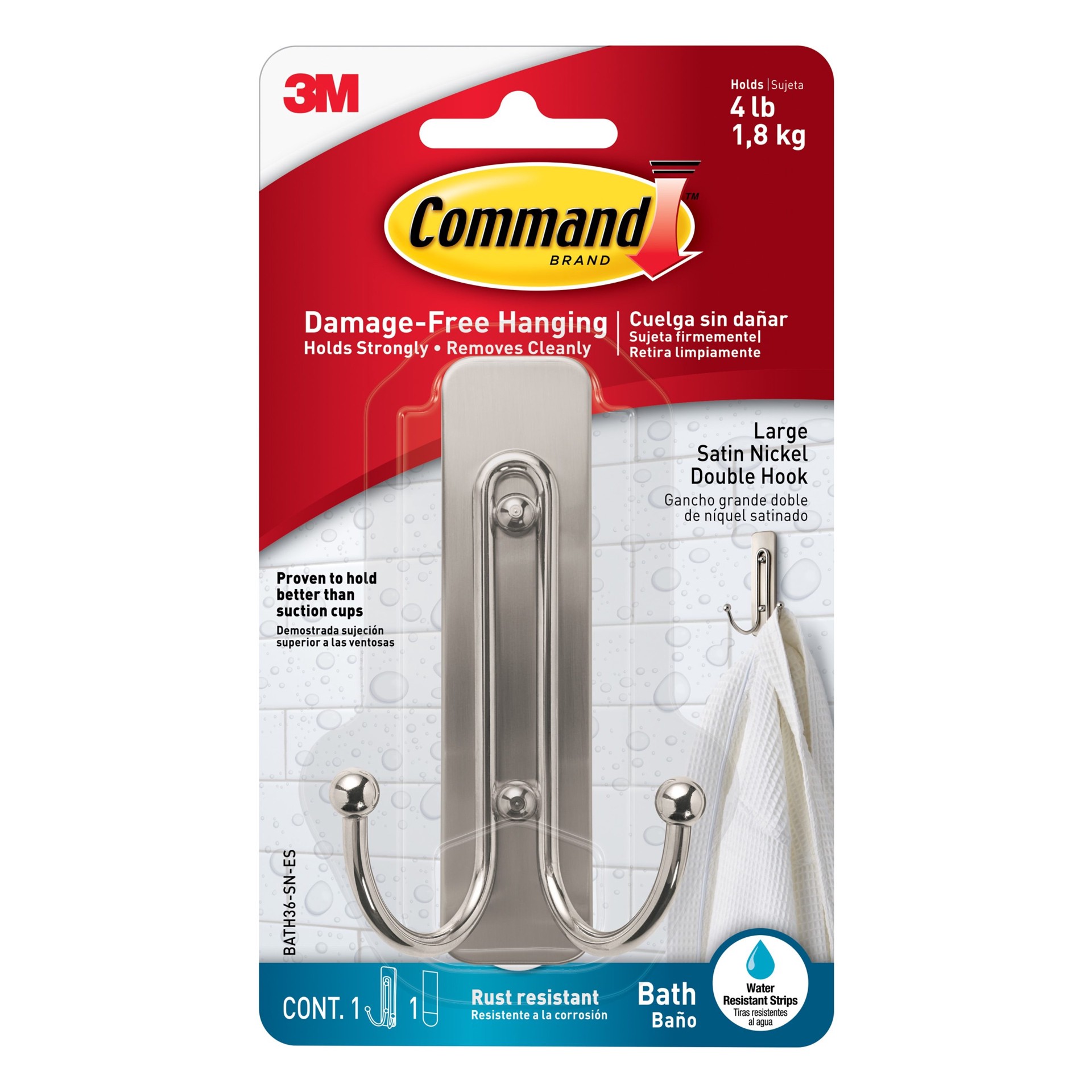 slide 1 of 6, Command Large Decorative Satin Nickel Adhesive Double bath hook 4.0-lb Capacity, 1 ct