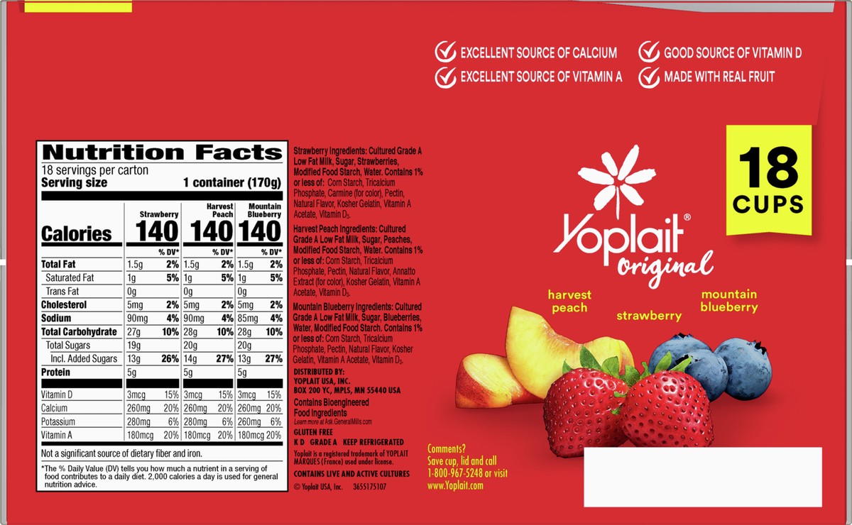 slide 5 of 9, Yoplait Original Low Fat Yogurt Pack, 18 Ct, 6 OZ Fruit Yogurt Cups, 18 ct