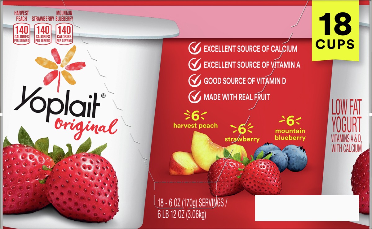slide 6 of 9, Yoplait Original Low Fat Yogurt Pack, 18 Ct, 6 OZ Fruit Yogurt Cups, 18 ct