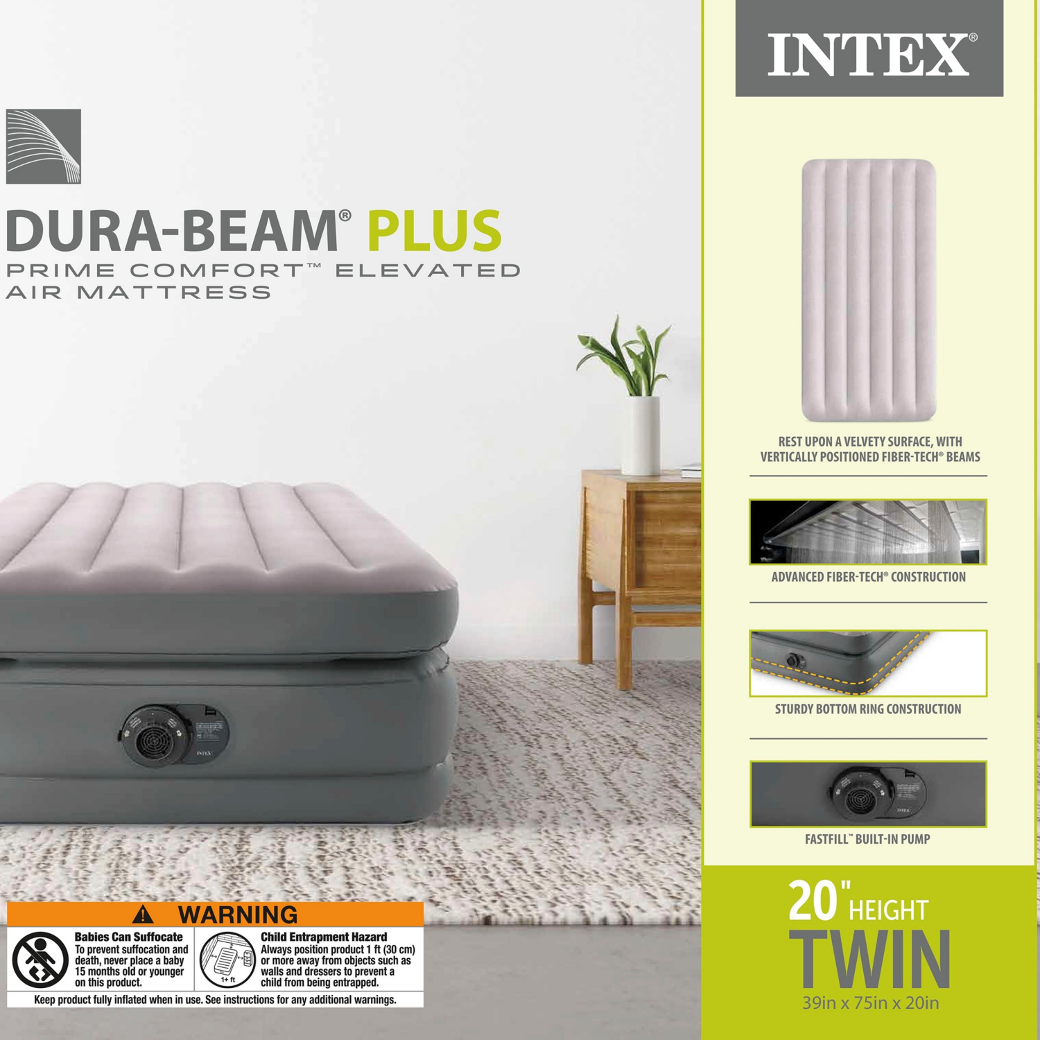slide 4 of 7, Intex 20in Twin Prime Comfort Elevated Airbed with Internal Pump, 20 in