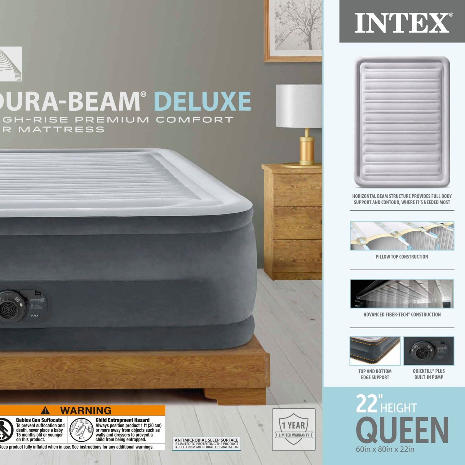 slide 3 of 8, Intex 22in Queen Comfort-Plush Airbed with Internal Pump, 22 in