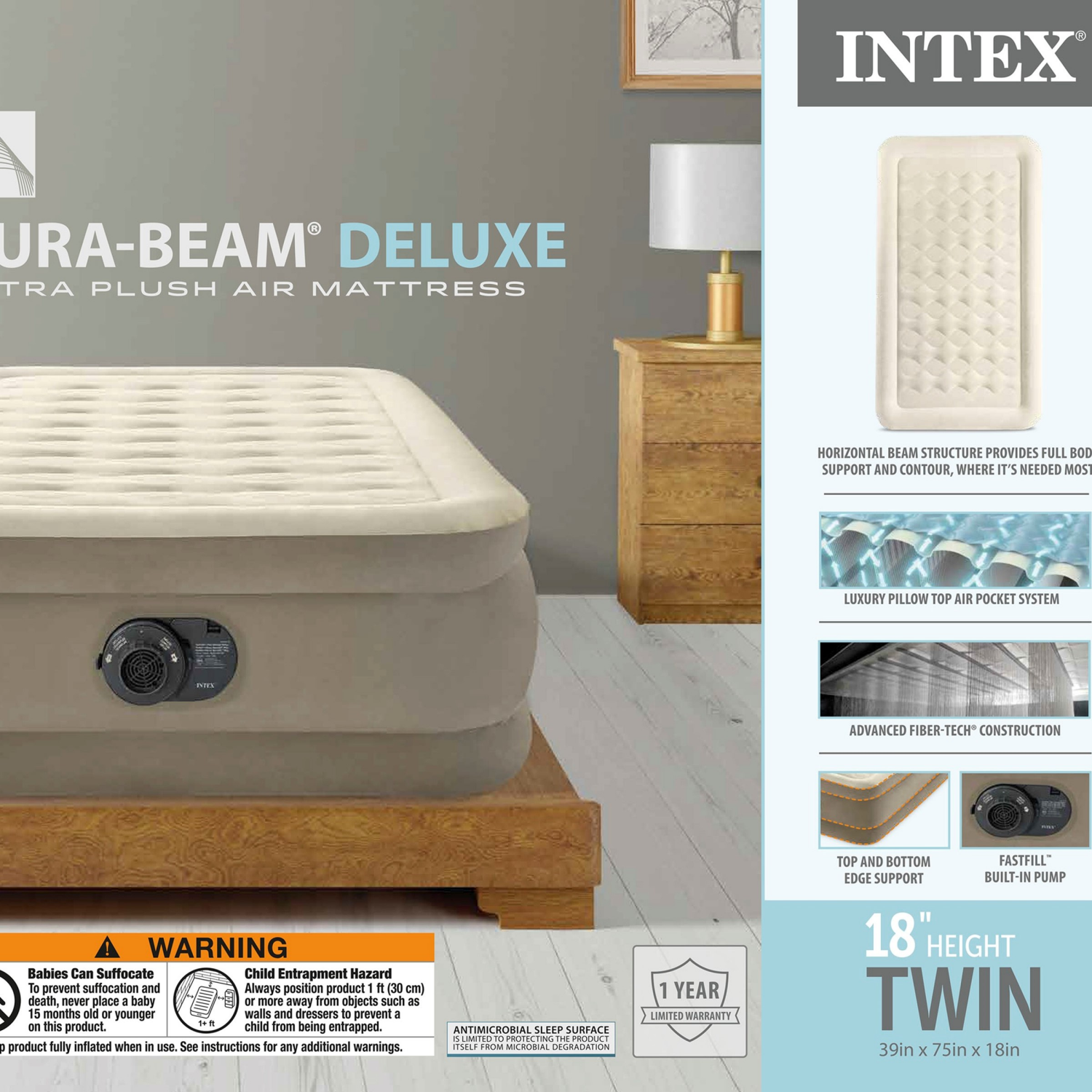 slide 3 of 8, Intex 18in Twin Ultra Plush Airbed with Internal Pump, 18 in