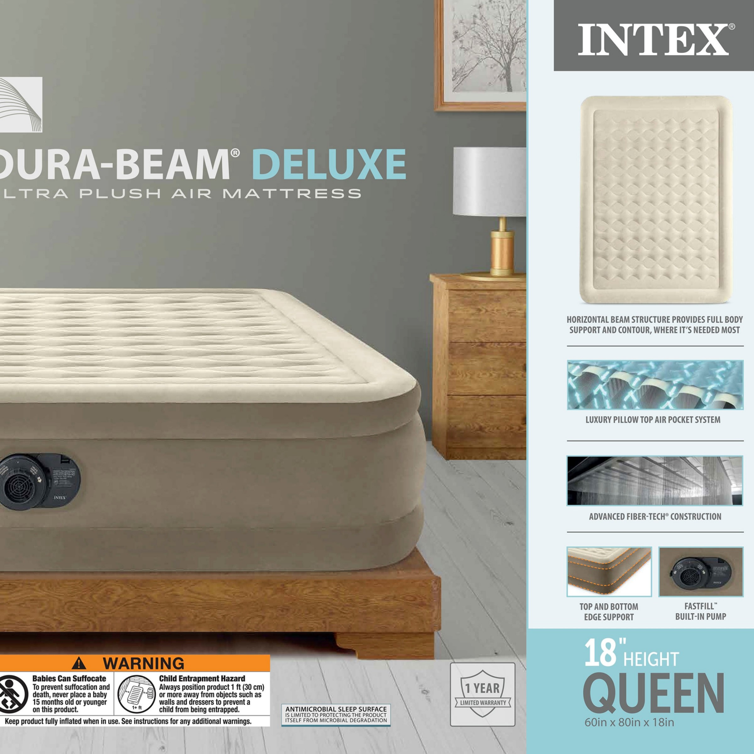 slide 2 of 7, Intex 18in Queen Ultra Plush Airbed with Internal Pump, 18 in