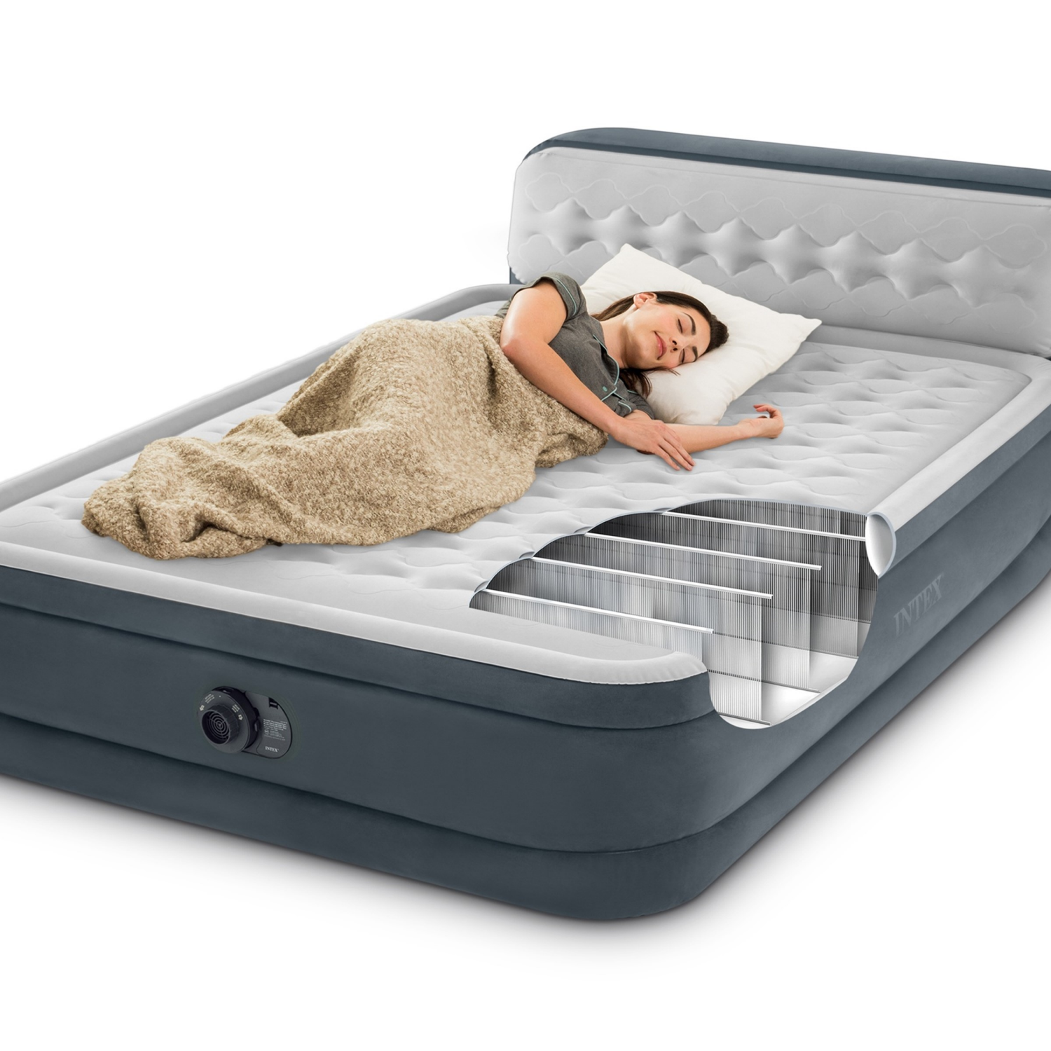 slide 2 of 8, Intex Dura-Beam Queen Size Air Mattress With Headboard, 18 in