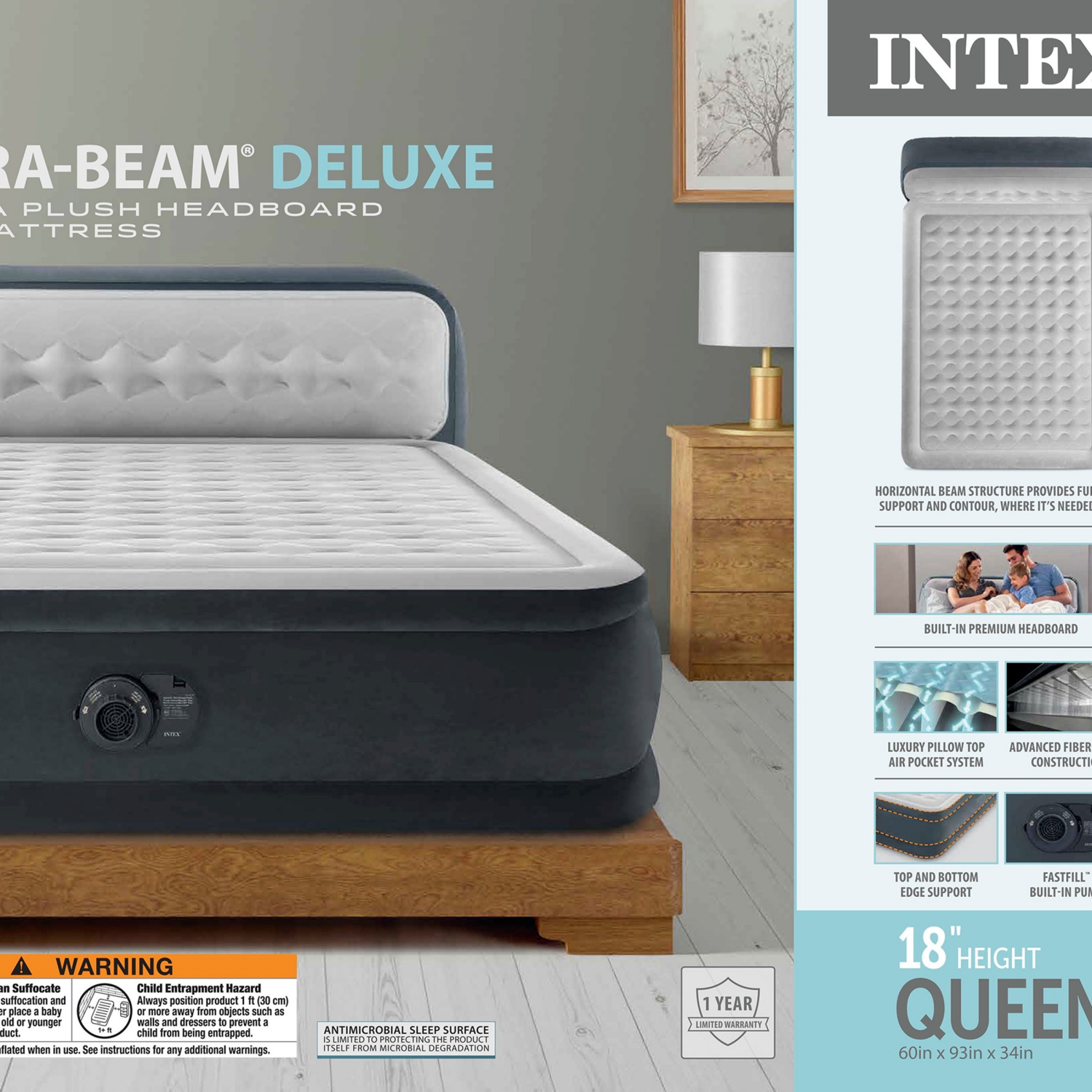 slide 3 of 8, Intex Dura-Beam Queen Size Air Mattress With Headboard, 18 in
