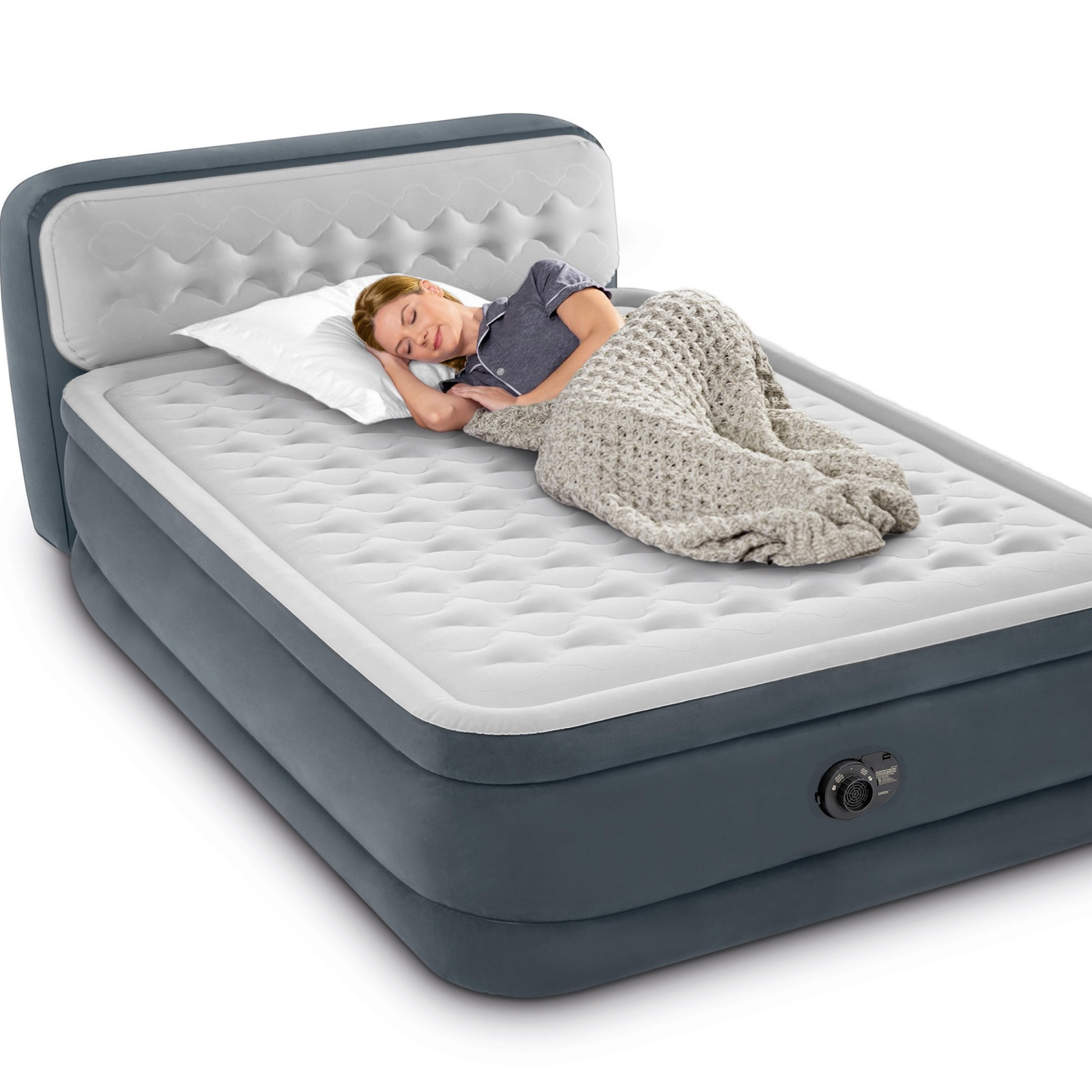 slide 6 of 8, Intex Dura-Beam Queen Size Air Mattress With Headboard, 18 in