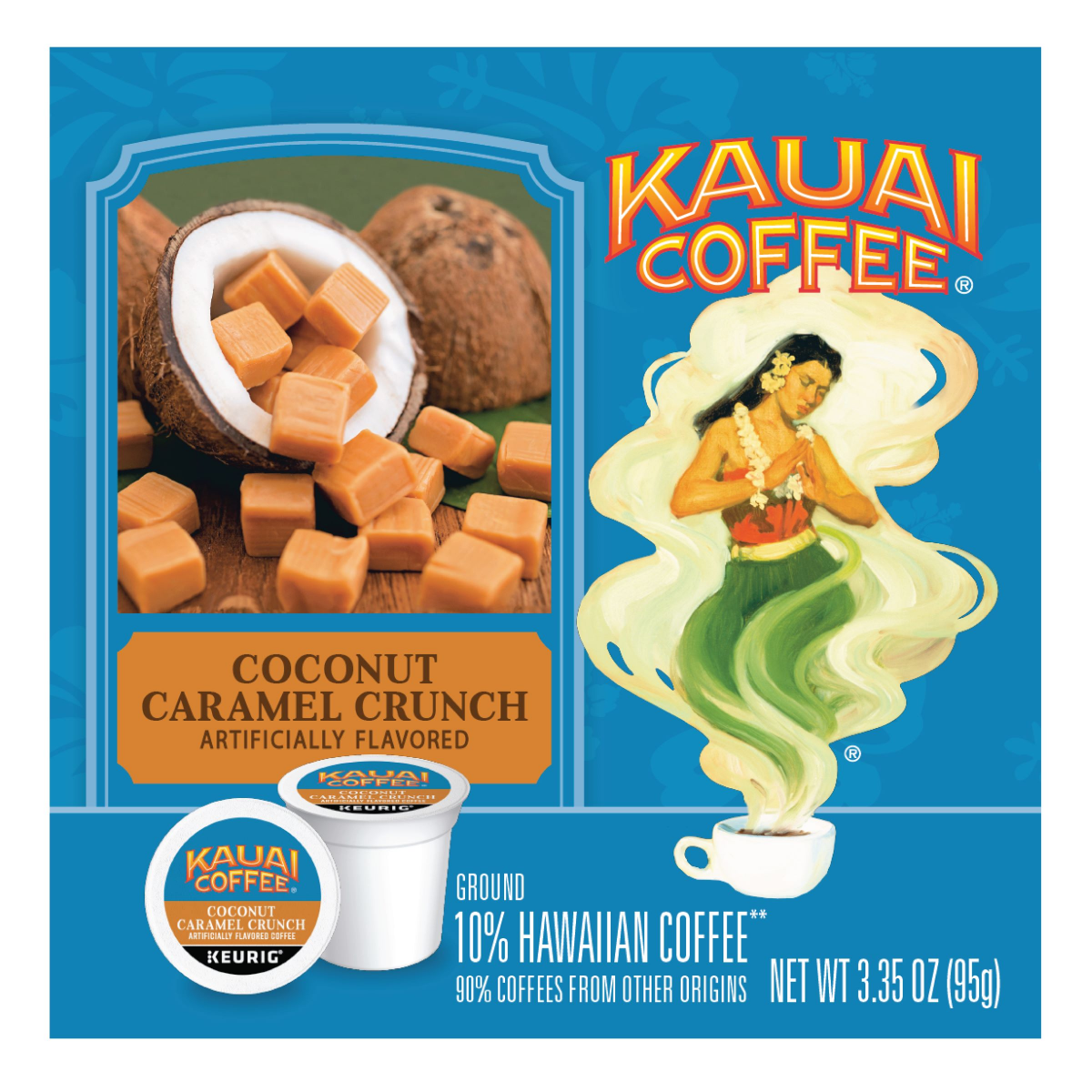slide 4 of 6, Kauai Coffee 10% Hawaiian Ground Coconut Caramel Crunch Coffee 10 K-Cup Pods, 10 ct
