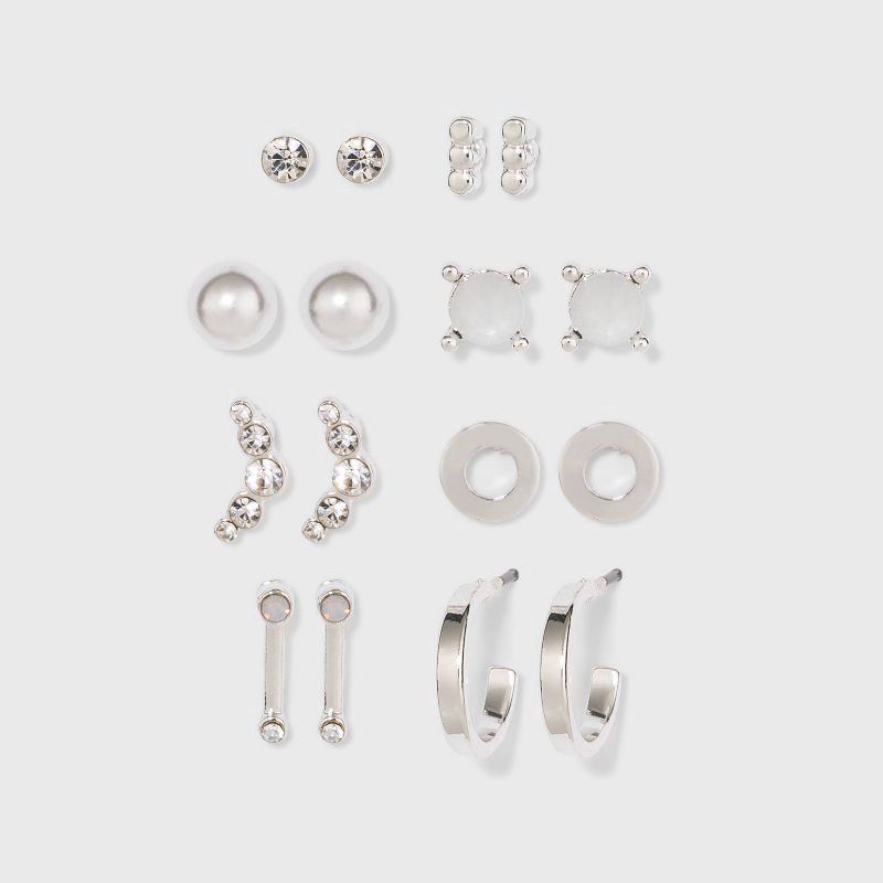 slide 1 of 2, Cubic Zirconia Zinc Stud Earring Set 8pc- A New Day™ Silver, 8 ct