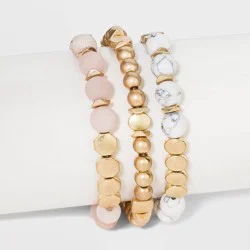 Semi-Precious White Howlite & Sunstone Stretch Multi-Strand Bracelet Set 3pc - Universal Thread™ Worn Gold: Quartz Beaded Jewelry